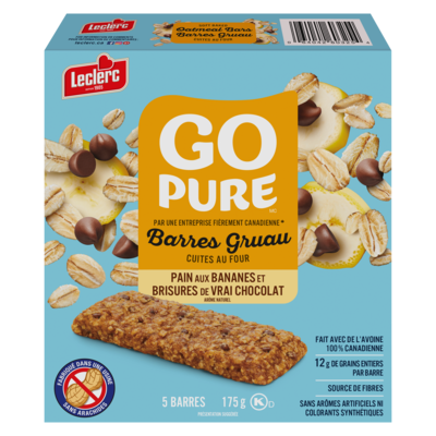 Leclerc Go Pure barres gruau cuites au four pain aux bananes et brisures de chocolat 175 g, 2,74 $/100g