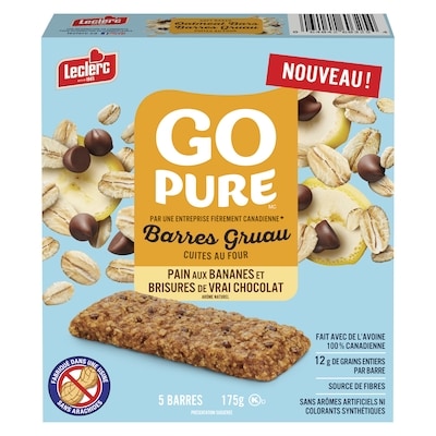 Leclerc Go Pure barres gruau cuites au four pain aux bananes et brisures de chocolat 175 g, 2,71 $/100g