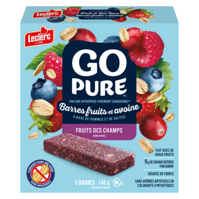 Leclerc Go Pure barres fruits et avoine fruits des champs 140 g, 2,71 $/100g