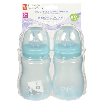 President's Choice Wide Neck Feeding Bottles With Slow Flow Nipples 0+ Months 2x1.0 ea, $5.00/1ea