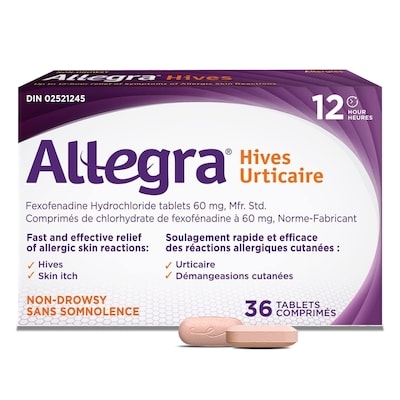 Allegra Comprimés Urticaire 12 heures, 60 mg de chlorhydrate de fexofénadine antihistaminique 36 ea, 0,46 $/1ch
