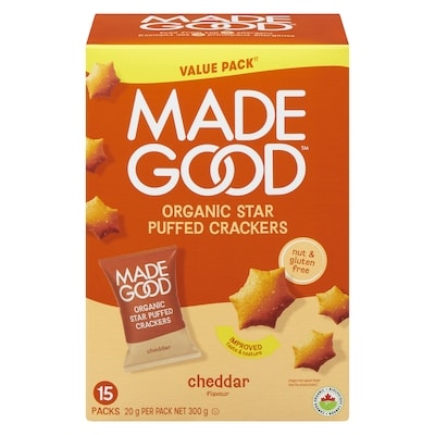 Made Good Star Puffed Crackers Cheddar Flavour 300 g, $4.33/100g