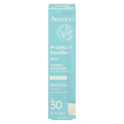 Aveeno Protect  Soothe Face Mineral Sunscreen SPF 30, Ideal for Sensitive Skin, Oat  Mineral Formula, Dries Sheer, UVA/UVB, Face Sunscreen,  Fragrance Free 50 ml, $38.00/100ml
