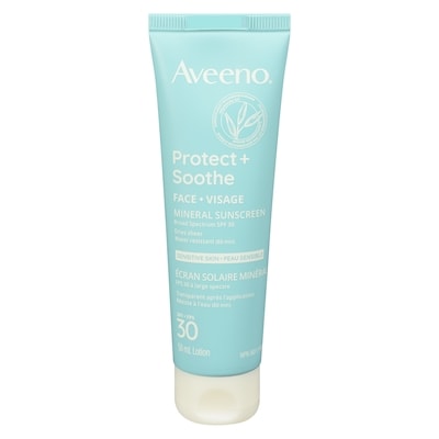 Aveeno écran solaire minéral Visage  Protect + Soothe, FPS 30, idéal pour la peau sensible, à l'avoine, devient transparent après l'application, protection UVA/UVB sans parfum 50 ml, 38,00 $/100ml