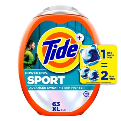 Tide Power Pods Laundry Detergent Pacs with Sport, 63 Count, Freshness with Sport Odor Defense 63 ea, $0.52/1ea