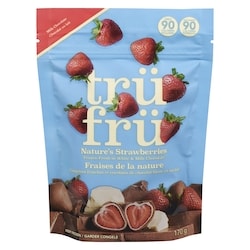 Fraises de la nature, congelées fraiches et enrobées de chocolat blanc et au lait
