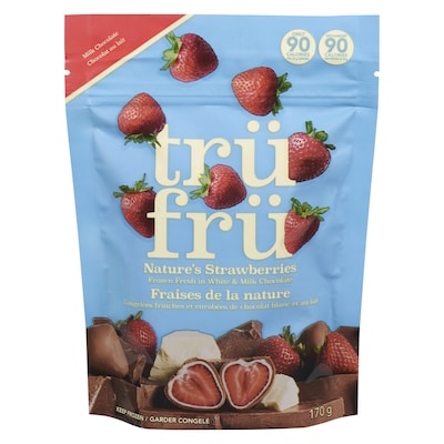 Fraises de la nature, congelées fraiches et enrobées de chocolat blanc et au lait