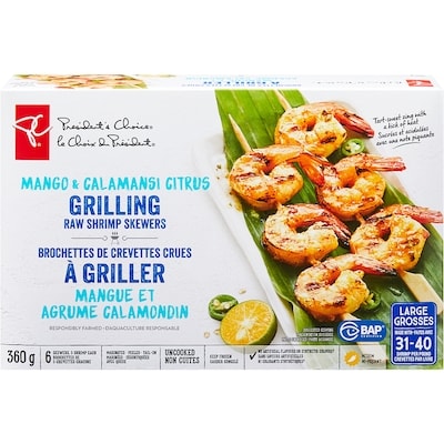 President's Choice Mango & Calamansi Citrus Grilling Raw Shrimp Skewers 360 g, $3.61/100g