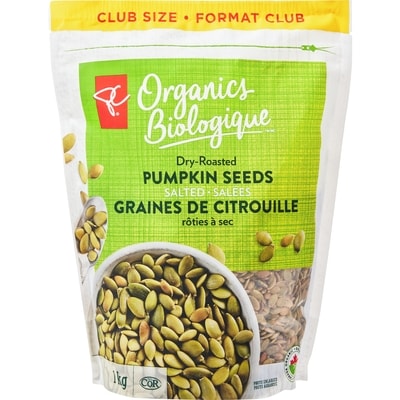PC Biologique Graines de citrouille grillées à sec, salées 1 kg  1 kg, 1,62 $/100g
