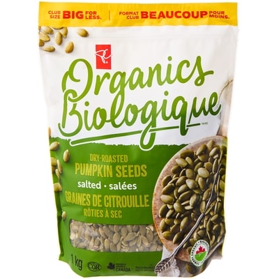 PC Biologique Graines de citrouille grillées à sec, salées 1 kg  1 kg, 1,95 $/100g