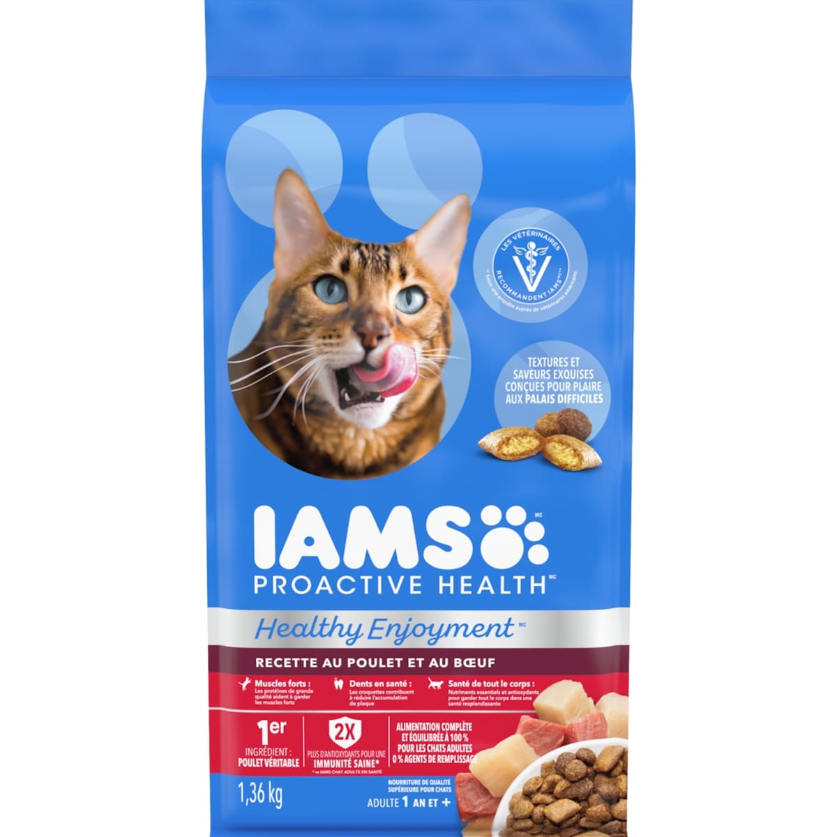 Iams Nourriture sèche pour chats adultes PROACTIVE HEALTH HEALTHY ENJOYMENT recette au poulet et au bœuf 1.36 kg, 1,25 $/100g