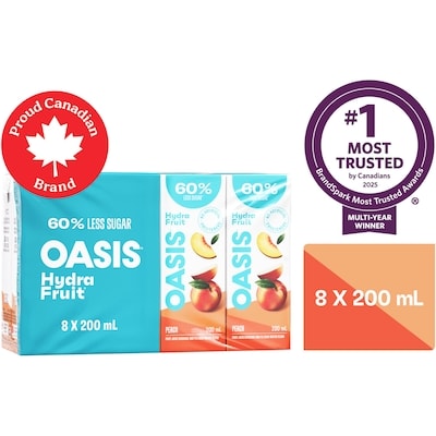 Oasis Hydrafruit Peach Juice Boxes 200 ml, $2.50/100ml