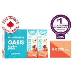 Oasis Boîtes de jus de pêche HydraFruit 200 ml, 2,25 $/100ml