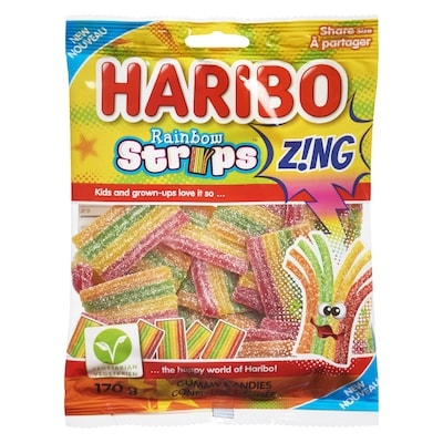 Haribo Rainbow Strips Z!Ng Gummy Candies Share Size 170 g, $2.35/100g