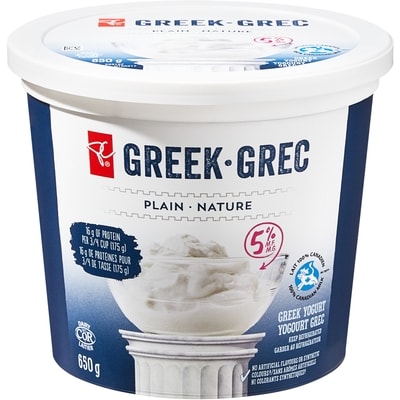 President's Choice Plain Greek Yogurt 5% 650 g, $0.85/100g