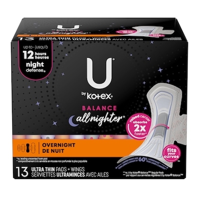 U by Kotex Balance Ultra Thin Overnight Pads with Wings, 13 Count 13 ea, $0.54/1ea