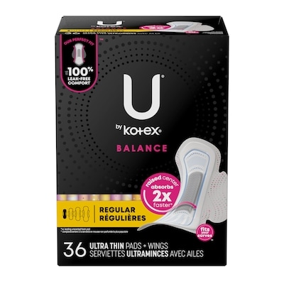 U by Kotex Serviettes ultraminces Balance avec ailes, absorption régulière, 36 unités. 36 ea, 0,28 $/1ch