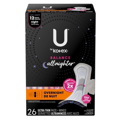 U by Kotex Serviettes ultraminces de nuit Balance avec ailes, 26 unités. 26 ea, 0,38 $/1ch