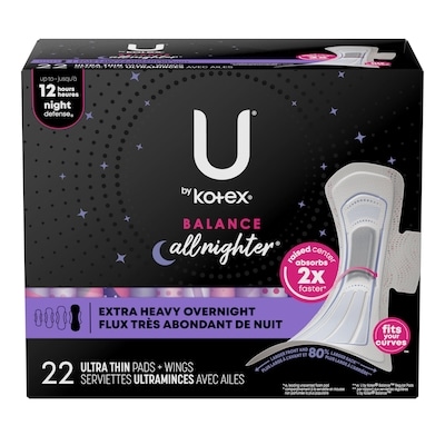 U by Kotex Serviettes ultraminces de nuit Balance avec ailes, absorption très élevée, 22 unités. 22 ea, 0,45 $/1ch