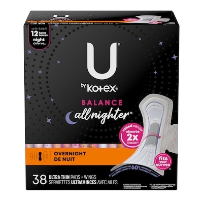 U by Kotex Serviettes ultraminces de nuit Balance avec ailes, 38 unités. 38 ea, 0,34 $/1ch