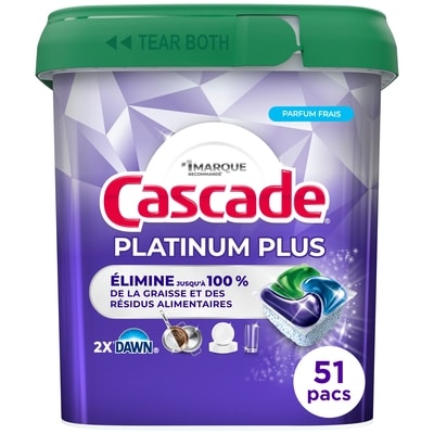Cascade Sachets de détergent pour lave-vaisselle Platinum Plus ActionPacs, Parfum frais, 51 unités 51 ea, 0,53 $/1ch