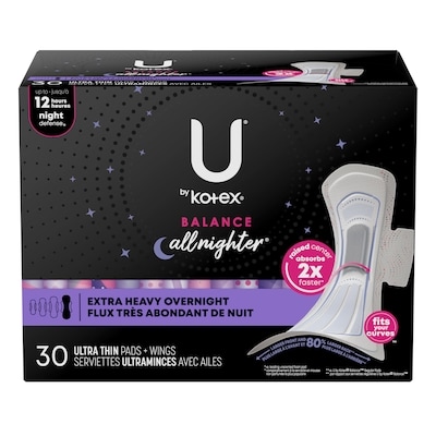 U by Kotex Balance Ultra Thin Overnight Pads with Wings, Extra Heavy Absorbency, 30 Count 30 ea, $0.43/1ea
