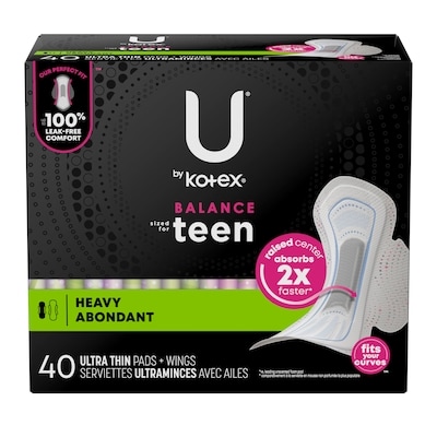 U by Kotex Serviettes ultraminces Balance avec ailes pour adolescentes, absorption accrue, 40 unités. 40 ea, 0,42 $/1ch
