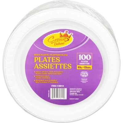 Crown Plates White Plastic 6 In. 1 g, $0.08/1ea