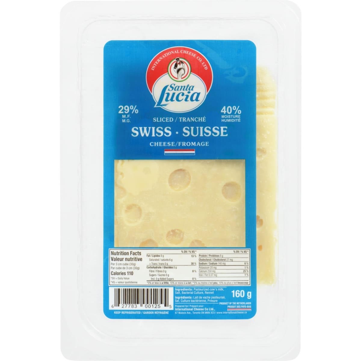 Santa Lucia Swiss Cheese Sliced 29% M.F. 160 g, $5.31/100g