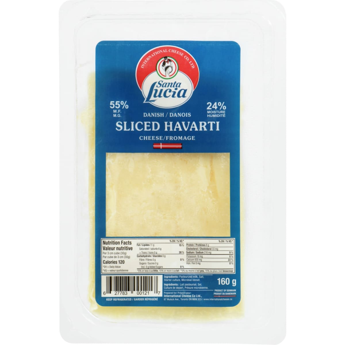 Santa Lucia Sliced Havarti Cheese Danish 55% M.F. 160 g, $5.31/100g