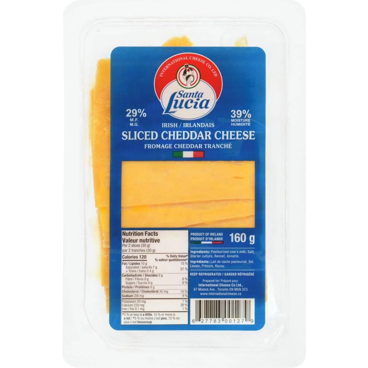 Santa Lucia Sliced Cheddar Cheese Irish 29% M.F. 160 g, $5.31/100g