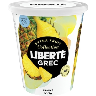 Liberté Grec Yogourt 2 %, Extra fruit Ananas, Teneur élevée en protéines 650 g, 1,00 $/100g