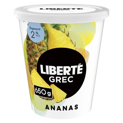 Liberté Grec Yogourt 2 %, Extra fruit Ananas, Teneur élevée en protéines 650 g, 1,38 $/100g