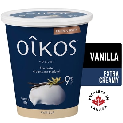 Oikos Extra Creamy Greek Yogurt, Vanilla, Blended, 9% M.F. 650 g, $1.00/100g