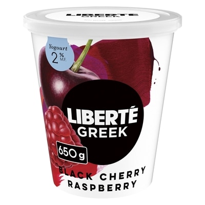 Liberte Greek yogurt 2% Extra Fruit Black Cherry Raspberry, High Protein 650 g, $1.15/100g