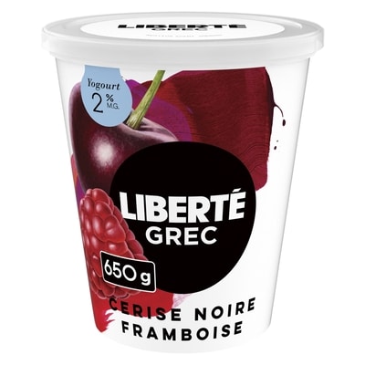 Liberté Grec Yogourt 2 %, Extra fruit Cerise noire Framboise, Teneur élevée en protéines 650 g, 1,38 $/100g