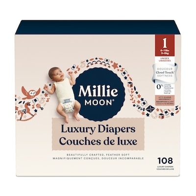 Millie Moon Couches de luxe parfaitement douces - taille 1, 108 couches de luxe 108x1.0 ea, 0,28 $/1ch