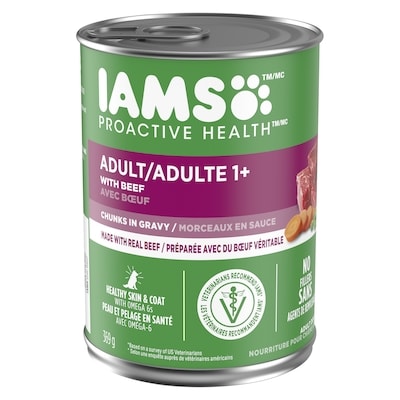 Iams Nourriture humide pour chiens adultes PROACTIVE HEALTH Saveur de bœuf, riz, carottes et haricots verts, morceaux en sauce 369 g, 0,67 $/100g