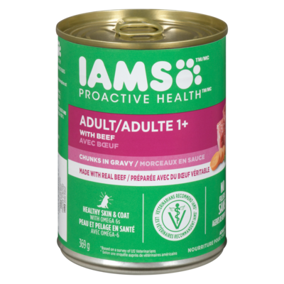 Iams Nourriture humide pour chiens adultes PROACTIVE HEALTH Saveur de bœuf, riz, carottes et haricots verts, morceaux en sauce 369 g, 0,76 $/100g