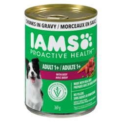 Iams Nourriture humide pour chiens adultes PROACTIVE HEALTH Saveur de bœuf, riz, carottes et haricots verts, morceaux en sauce 369 g, 0,76 $/100g