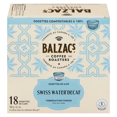 Balzac’s Swiss water dosettes de café déca torréfaction corsée foncé, audacieux 18 ea, 1,17 $/1ch