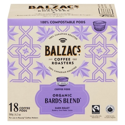 Balzac's Bards Blend Coffee Pods Stout Roast Dark, Lush 18 ea, $1.17/1ea