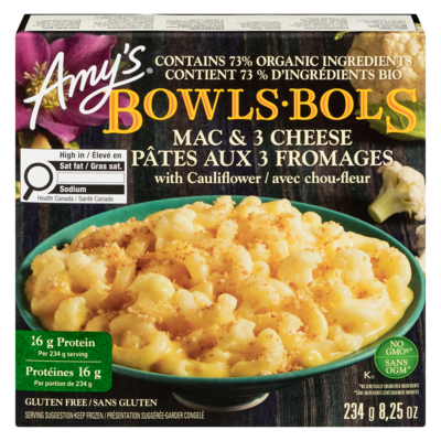 Amys Mac & 3 Cheese With Cauliflower Bowls Gluten Free 234 g, $3.63/100g