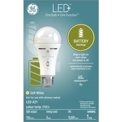 GE LED+ 8W A21 Battery Back-up 1PK 1 ea, $26.00/1ea
