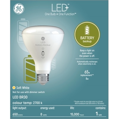 GE LED+ 8W R30 Battery Back-up 1PK 1 ea, $23.00/1ea