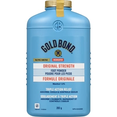 Gold Bond Medicated Poudre pour les pieds formule originale, poudre rafraîchissante absorbant l'humidité pour contrôler les odeurs et soulagemer temporairement la douleur et les démangeaisons dues à des irritations cutanées mineures aux pieds 283 g, 3,71 $/100g