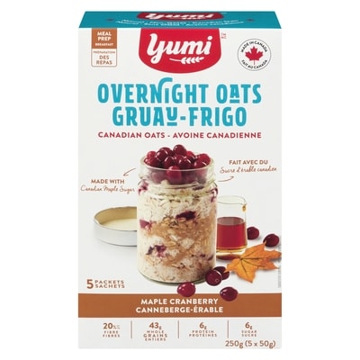 Yumi Organics Avoine canadienne du jour au lendemain, érable et canneberge, 5 sachets 250 g, 2,60 $/100g