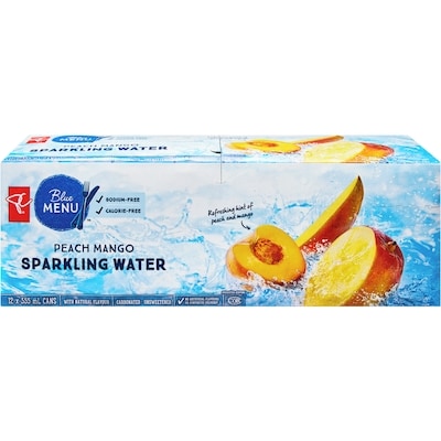 PC Blue Menu Peach Mango Sparkling Water 12 Pack 355 ml, $1.55/100ml