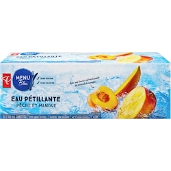 PC Menu Bleu Eau pétillante à saveur de pêche et mangue, caisse de 12 canettes 355 ml, 1,83 $/100ml
