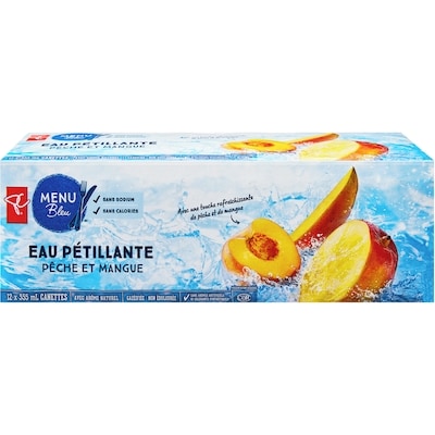 PC Menu Bleu Eau pétillante à saveur de pêche et mangue, caisse de 12 canettes 355 ml, 1,83 $/100ml
